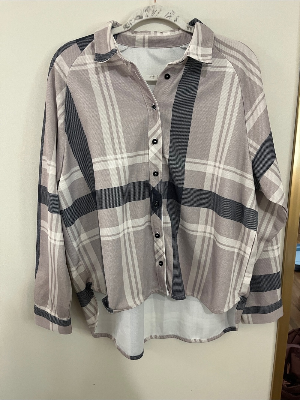 Neutral Plaid Button-Up Shirt in Taupe, Black & White